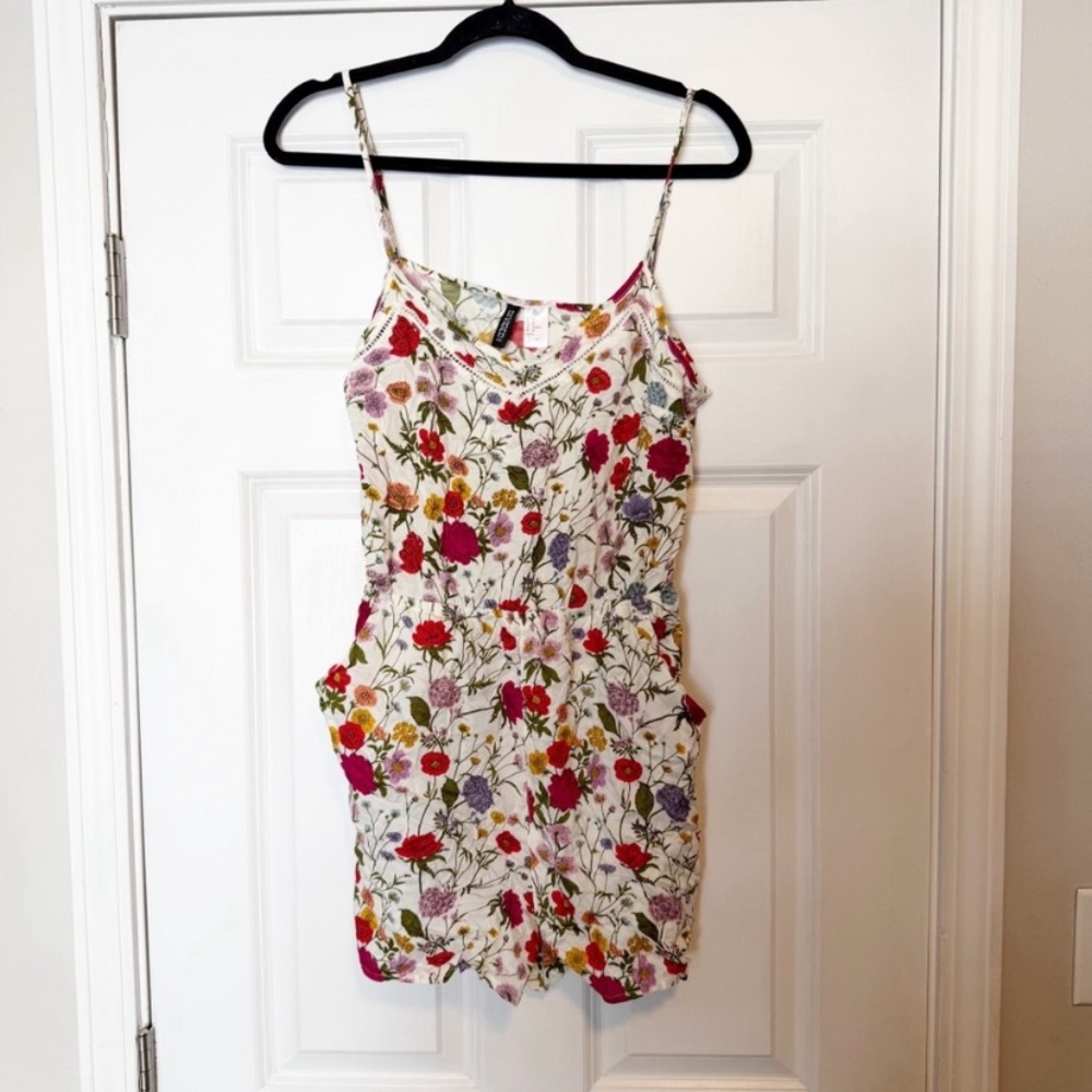 Floral Print Mini Skirt Romper - White with Red & Purple Flowers